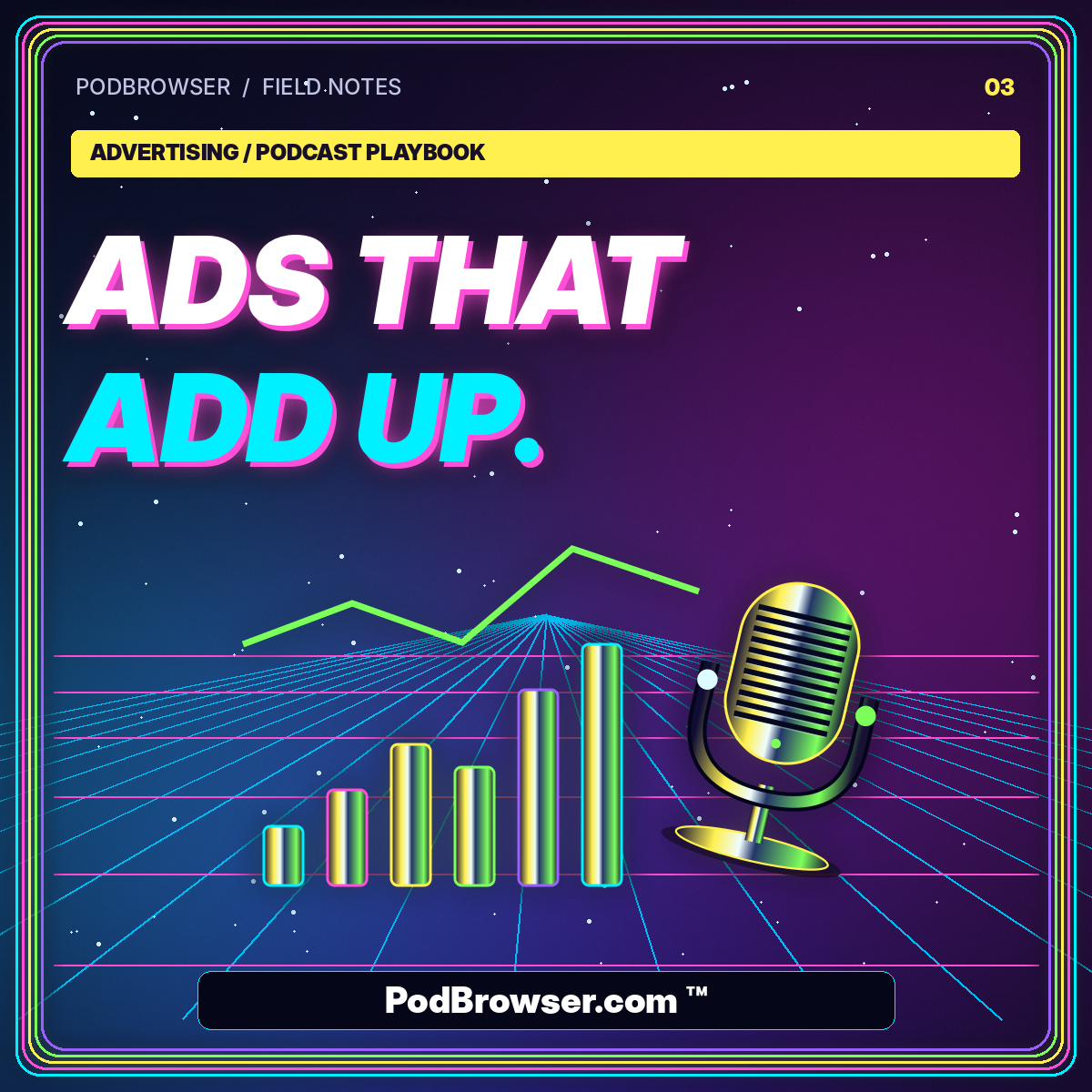 Podcast Advertising and CPM: Plan a Better Campaign — neon editorial poster with PodBrowser.com ™ watermark