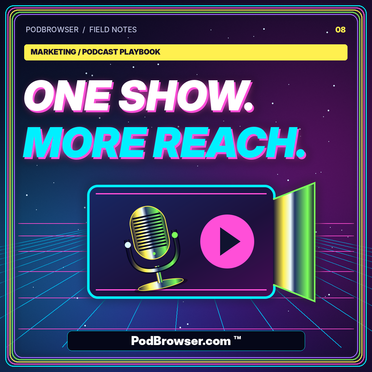 Video Podcast Marketing: Turn One Episode Into a Campaign — neon editorial poster with PodBrowser.com ™ watermark